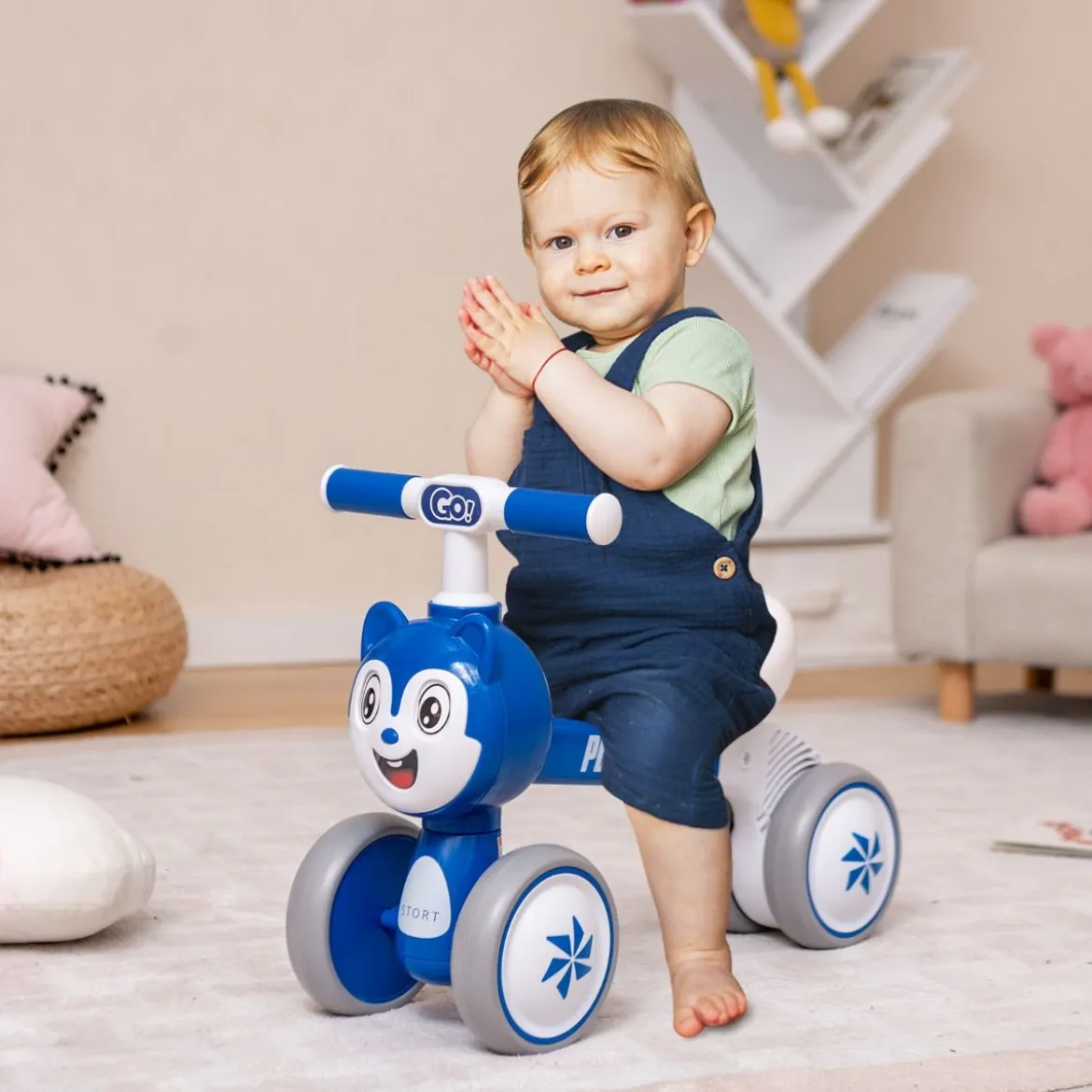 Kinder Blaue Katze Laufrad mit 4 Räder für 10-36 Monate Baby Erst Rutschrad Fahrrad Lauflernrad