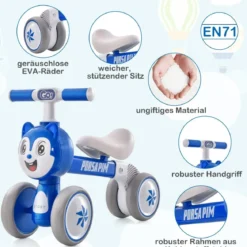 Kinder Blaue Katze Laufrad mit 4 Räder für 10-36 Monate Baby Erst Rutschrad Fahrrad Lauflernrad