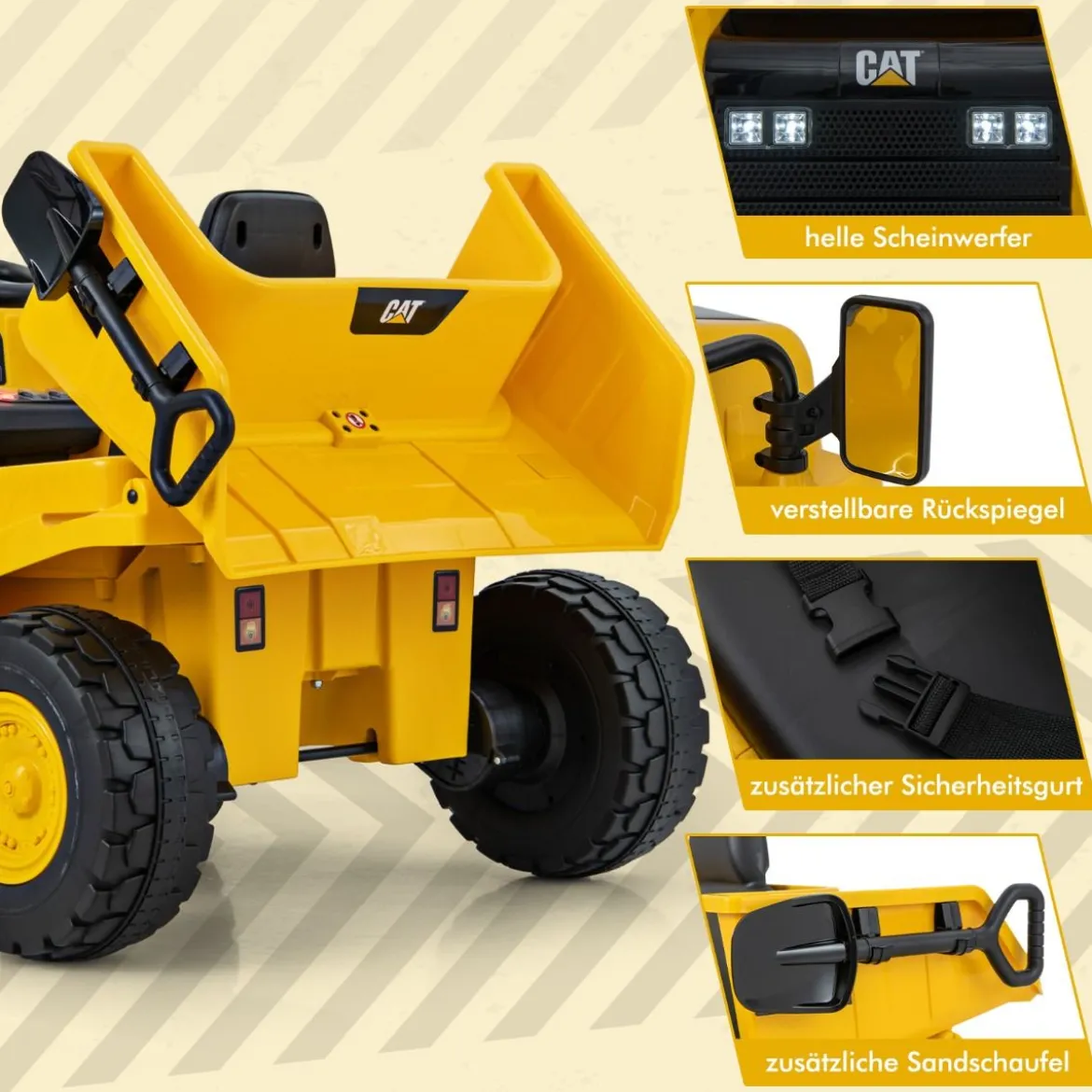Kinder Caterpillar Elektroauto 12V Muldenkipper zum Draufsitzen mit Sandschaufel & Kippbett & Megafon