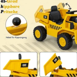 Kinder Caterpillar Elektroauto 12V Muldenkipper zum Draufsitzen mit Sandschaufel & Kippbett & Megafon