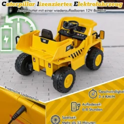 Kinder Caterpillar Elektroauto 12V Muldenkipper zum Draufsitzen mit Sandschaufel & Kippbett & Megafon