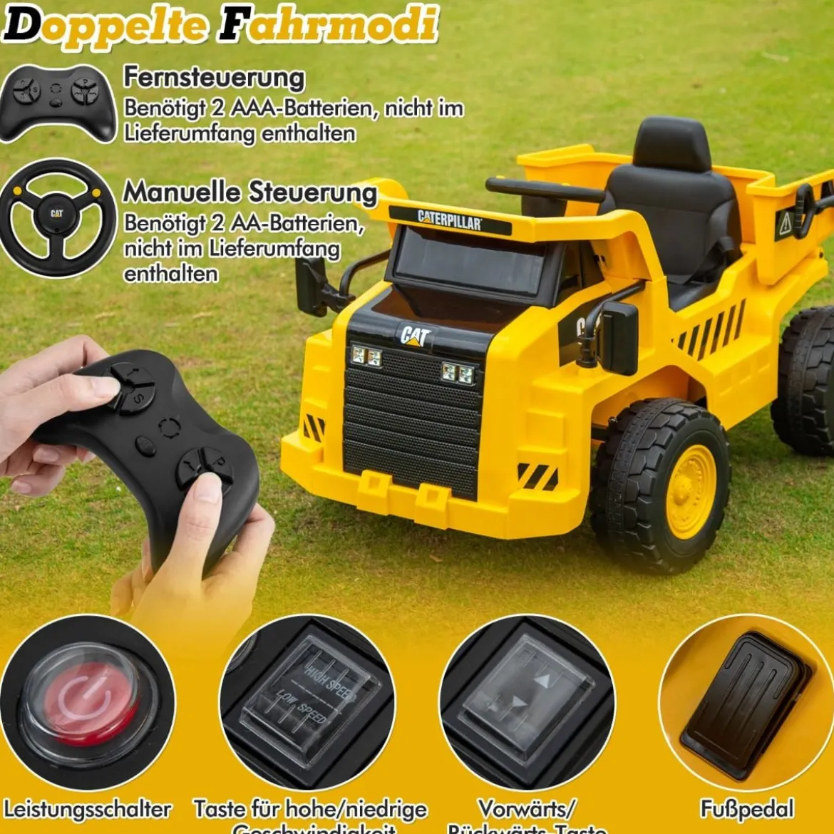 Kinder Caterpillar Elektroauto 12V Muldenkipper zum Draufsitzen mit Sandschaufel & Kippbett & Megafon
