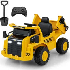 Kinder Caterpillar Elektroauto 12V Muldenkipper zum Draufsitzen mit Sandschaufel & Kippbett & Megafon