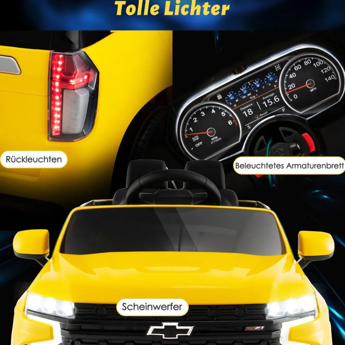 Kinder Chevrolet Elektroauto mit 2,4G Fernsteuerung & Federung & Lichtern & Musik Kinderauto