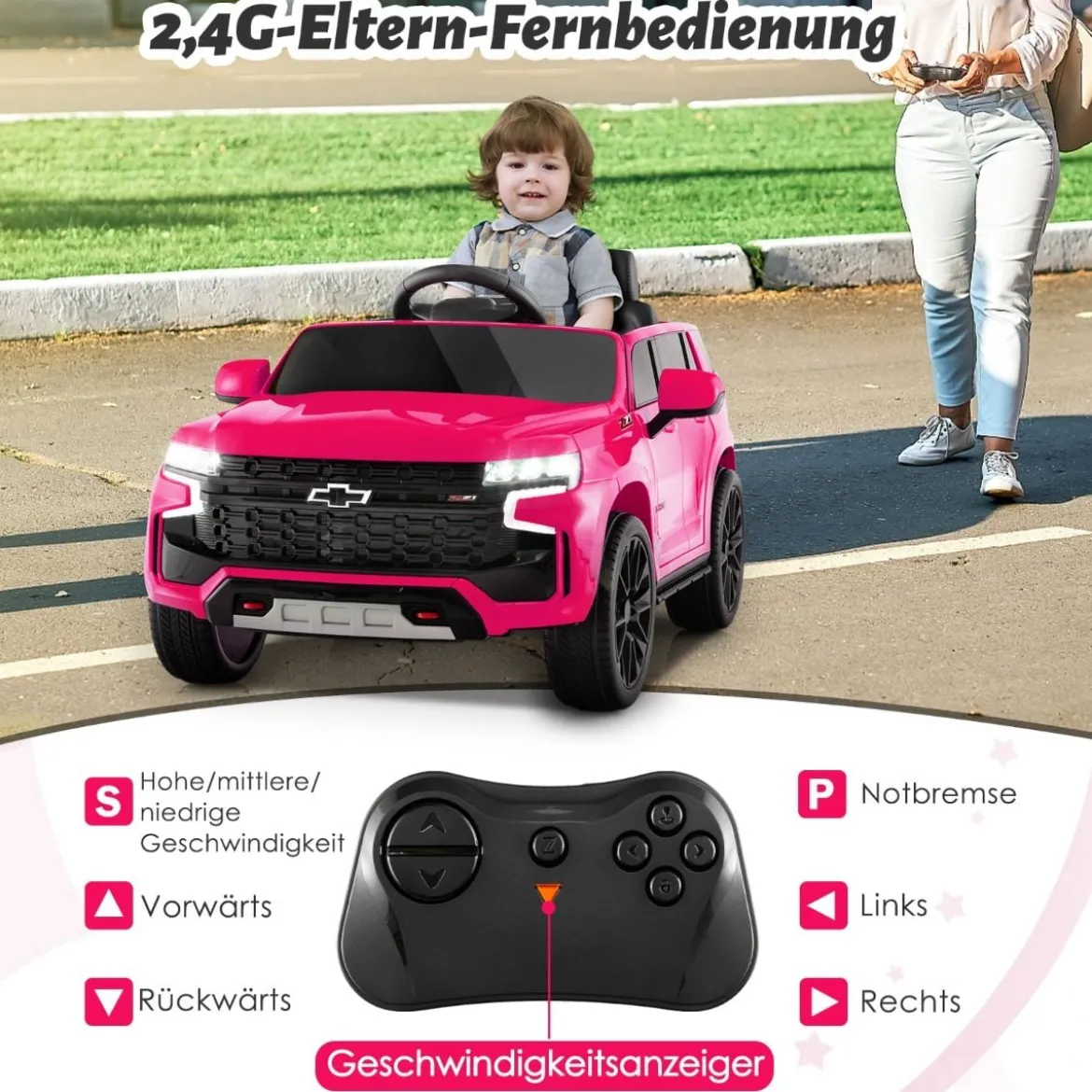 Kinder Chevrolet Elektroauto mit 2,4G Fernsteuerung & Federung & Lichtern & Musik Kinderauto