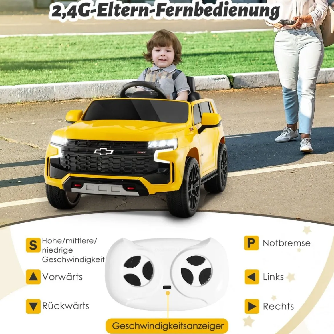 Kinder Chevrolet Elektroauto mit 2,4G Fernsteuerung & Federung & Lichtern & Musik Kinderauto