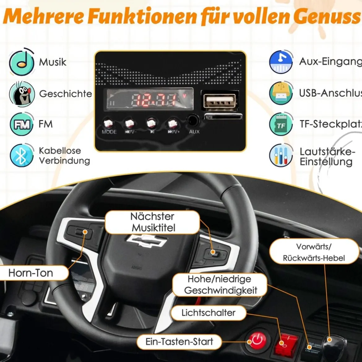 Kinder Chevrolet Elektroauto mit 2,4G Fernsteuerung & Federung & Lichtern & Musik Kinderauto