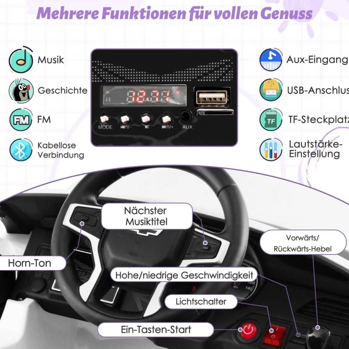 Kinder Chevrolet Elektroauto mit 2,4G Fernsteuerung & Federung & Lichtern & Musik Kinderauto