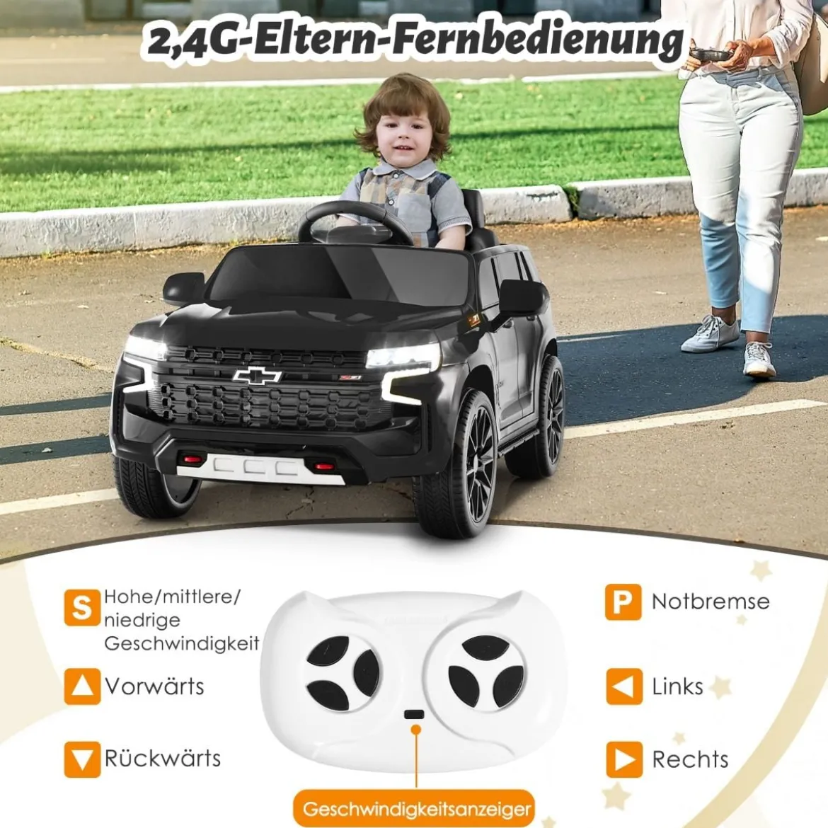 Kinder Chevrolet Elektroauto mit 2,4G Fernsteuerung & Federung & Lichtern & Musik Kinderauto