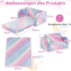 Kindercouch mit Decke 2-in-1-Klappsofa/Liege für Kleinkinder Regenbogen/Grau