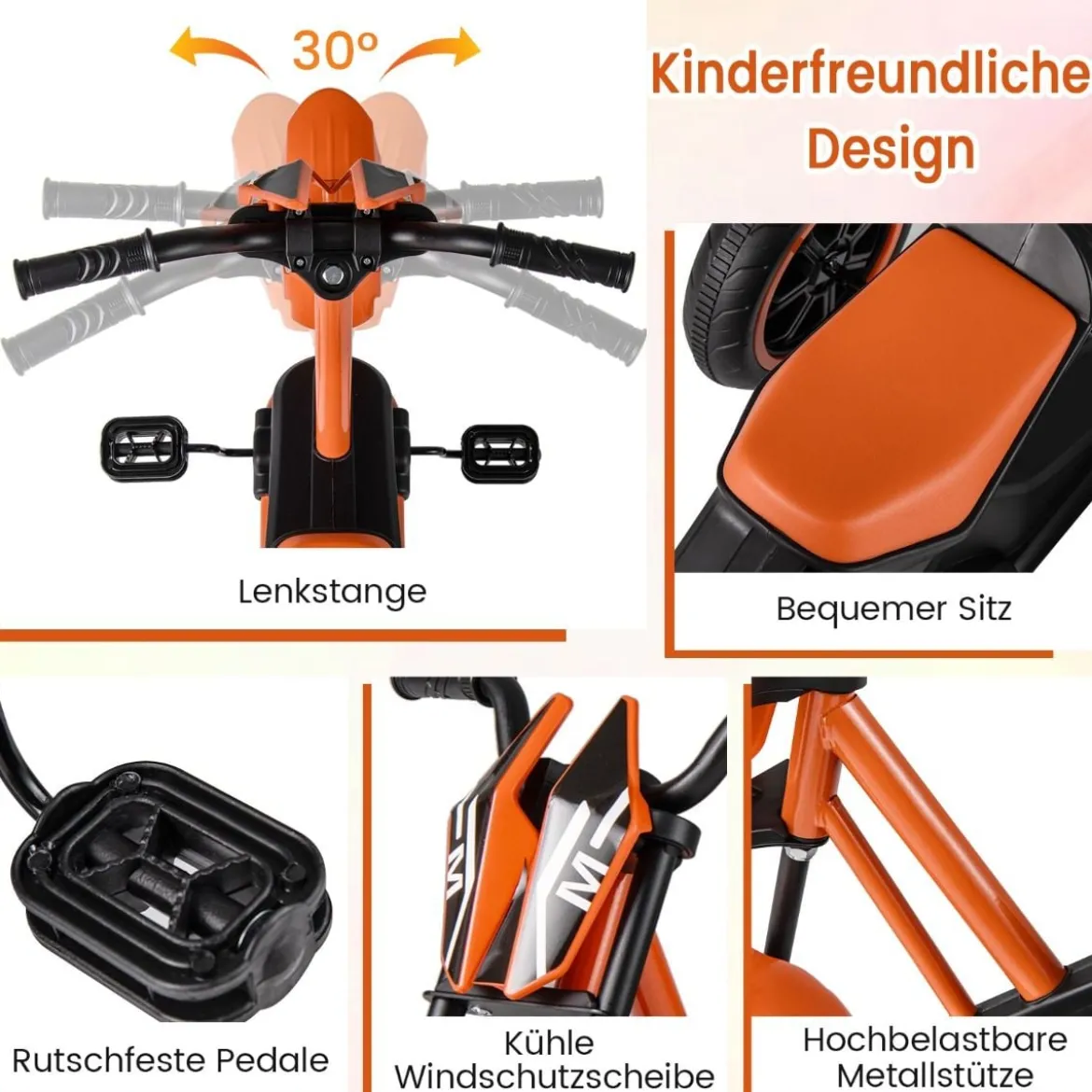 Kinder-Dreirad mit 3 Robusten Rädern & Fußpedalen Kinderfahrrad Kinderlaufrad Orange