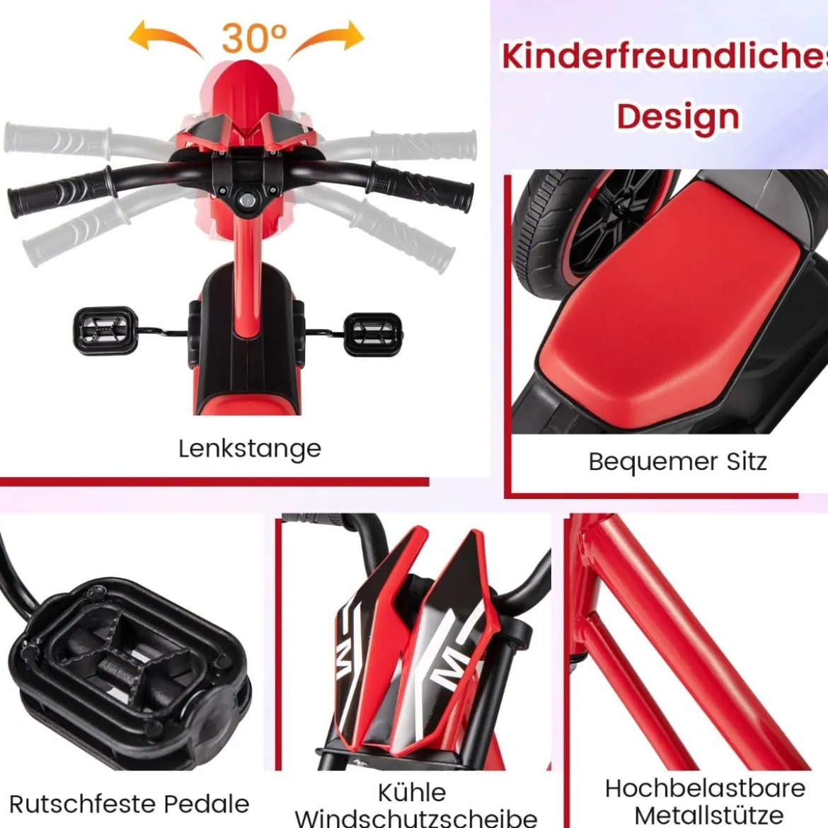 Kinder-Dreirad mit 3 Robusten Rädern & Fußpedalen Kinderfahrrad Kinderlaufrad Rot