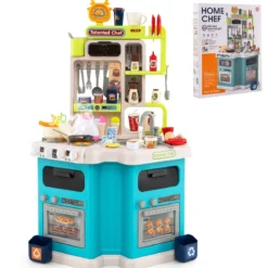 Kinder Eck-Küchenspielset mit Sounds & Lichtern Kinderküche mit Kochherd Spiel-Spüle & 75-teiligem Zubehör Blau