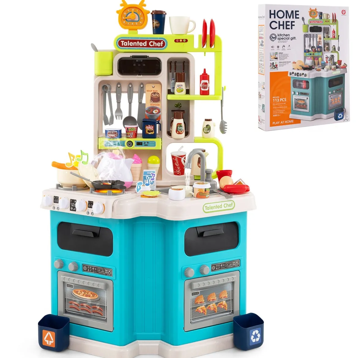 Kinder Eck-Küchenspielset mit Sounds & Lichtern Kinderküche mit Kochherd Spiel-Spüle & 75-teiligem Zubehör Blau