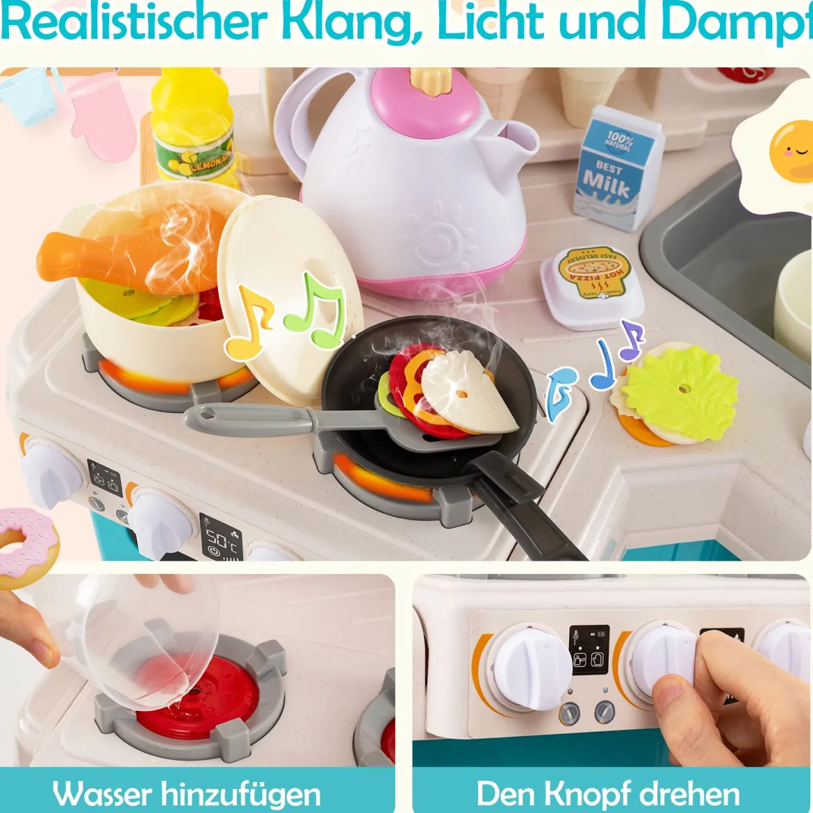 Kinder Eck-Küchenspielset mit Sounds & Lichtern Kinderküche mit Kochherd Spiel-Spüle & 75-teiligem Zubehör Blau