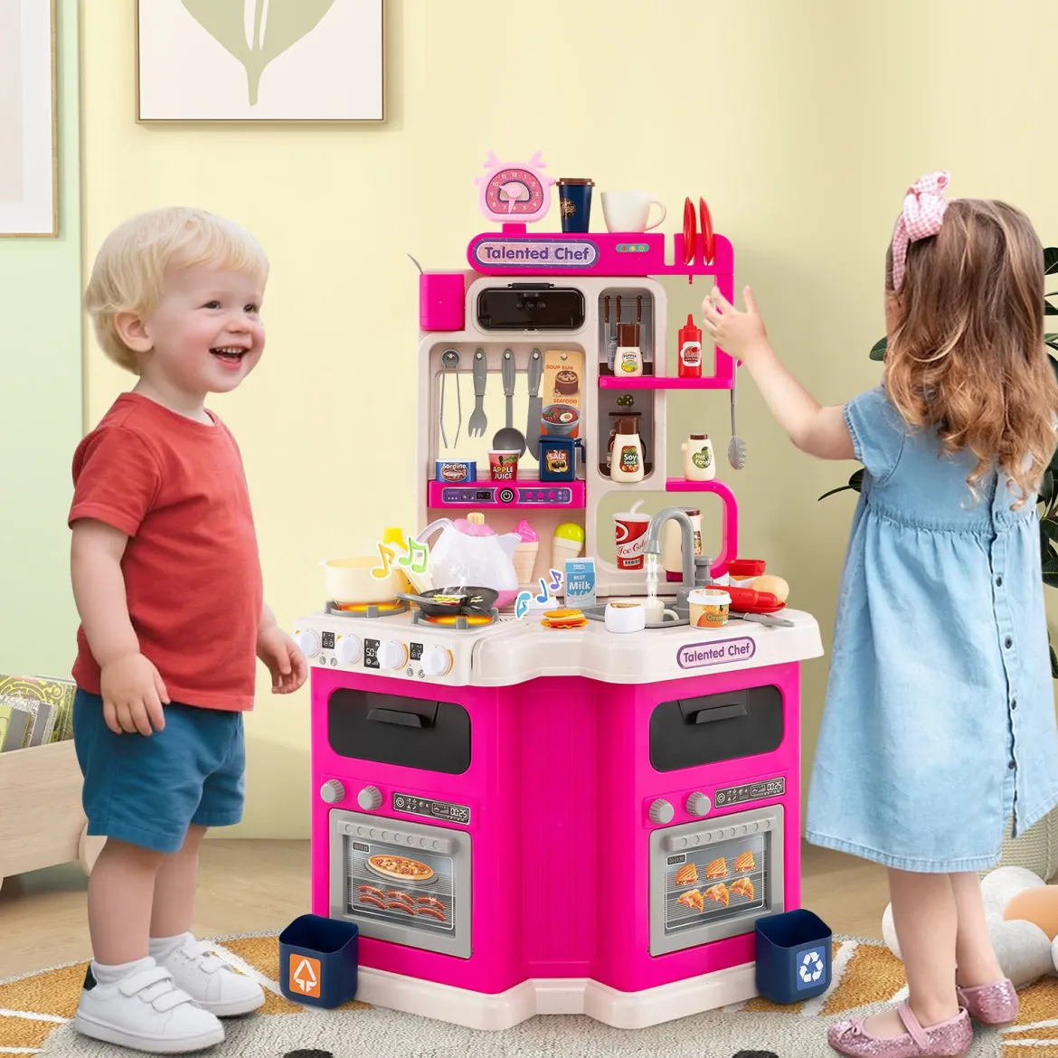 Kinder Eck-Küchenspielset mit Sounds & Lichtern Kinderküche mit Kochherd Spiel-Spüle & 75-teiligem Zubehör Rosa
