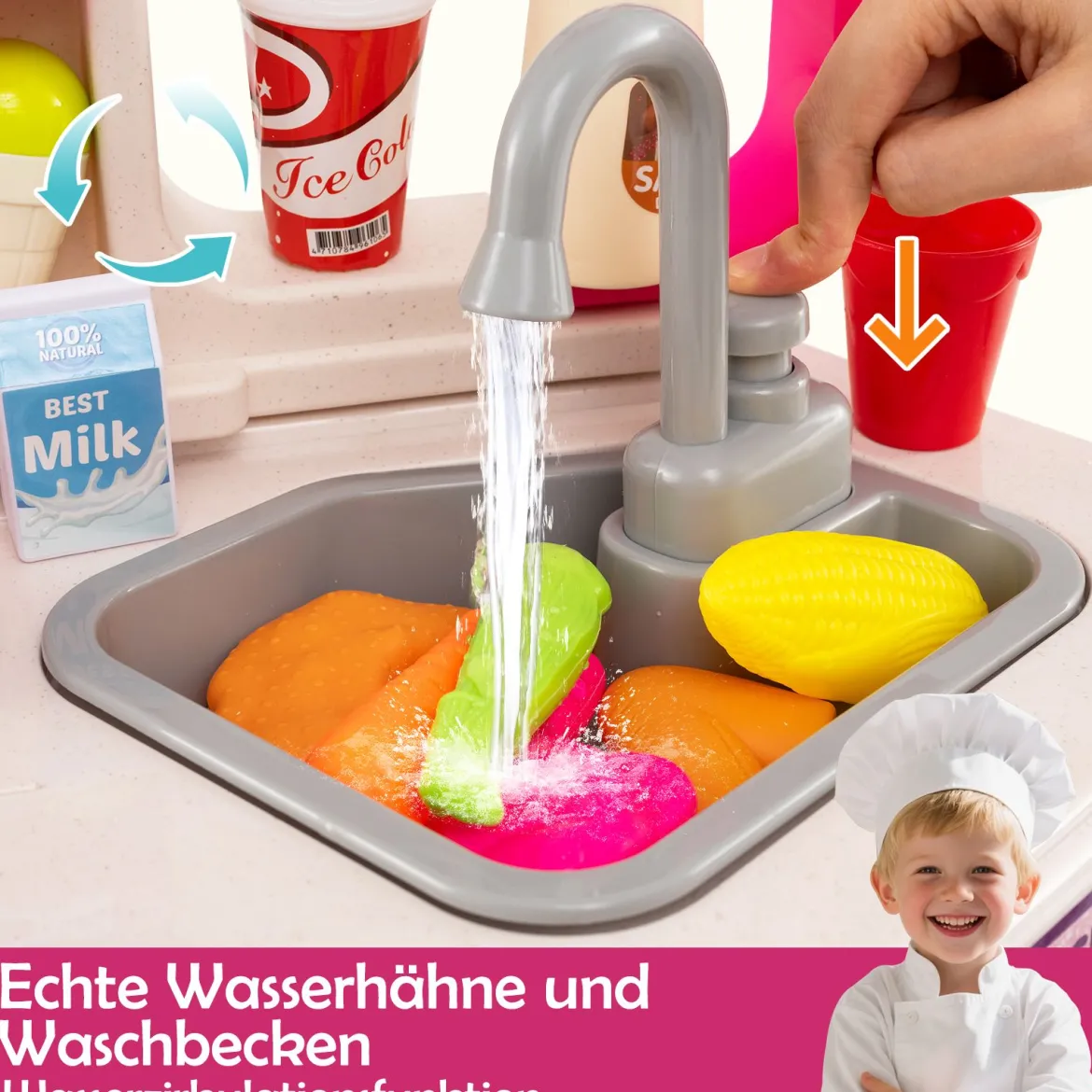 Kinder Eck-Küchenspielset mit Sounds & Lichtern Kinderküche mit Kochherd Spiel-Spüle & 75-teiligem Zubehör Rosa