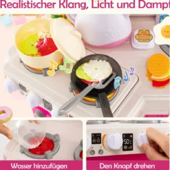 Kinder Eck-Küchenspielset mit Sounds & Lichtern Kinderküche mit Kochherd Spiel-Spüle & 75-teiligem Zubehör Rosa