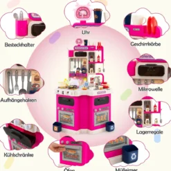 Kinder Eck-Küchenspielset mit Sounds & Lichtern Kinderküche mit Kochherd Spiel-Spüle & 75-teiligem Zubehör Rosa