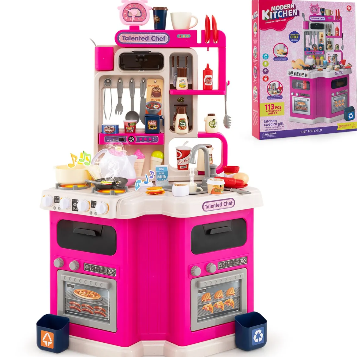 Kinder Eck-Küchenspielset mit Sounds & Lichtern Kinderküche mit Kochherd Spiel-Spüle & 75-teiligem Zubehör Rosa