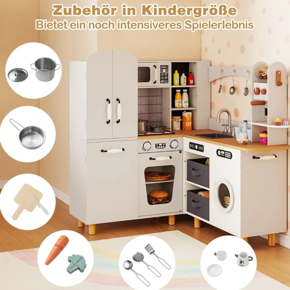 Kinder Eck Spielküche mit Doppeltür-Kühlschrank & Kaffeemaschine & Waschmaschine Holzküche Weiß