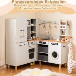 Kinder Eck Spielküche mit Doppeltür-Kühlschrank & Kaffeemaschine & Waschmaschine Holzküche Weiß