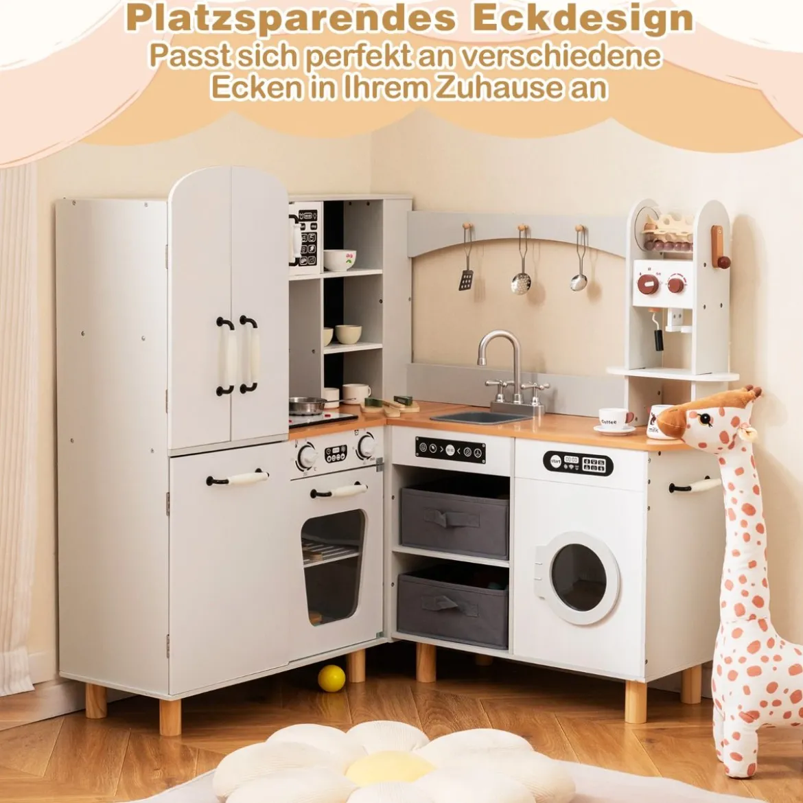Kinder Eck Spielküche mit Doppeltür-Kühlschrank & Kaffeemaschine & Waschmaschine Holzküche Weiß