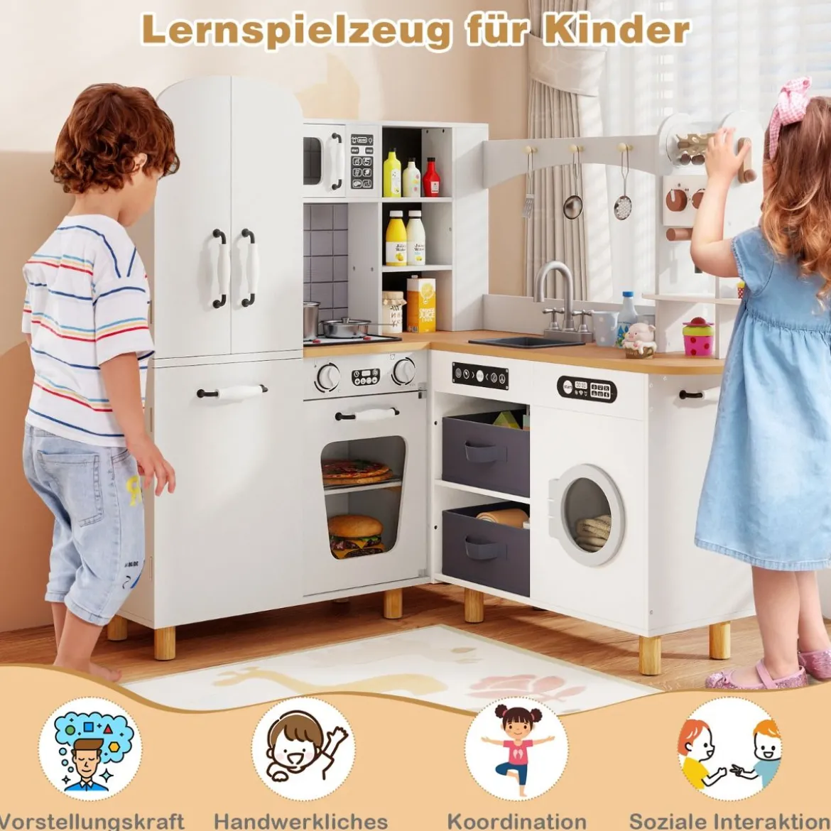 Kinder Eck Spielküche mit Doppeltür-Kühlschrank & Kaffeemaschine & Waschmaschine Holzküche Weiß