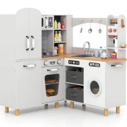 Kinder Eck Spielküche mit Doppeltür-Kühlschrank & Kaffeemaschine & Waschmaschine Holzküche Weiß