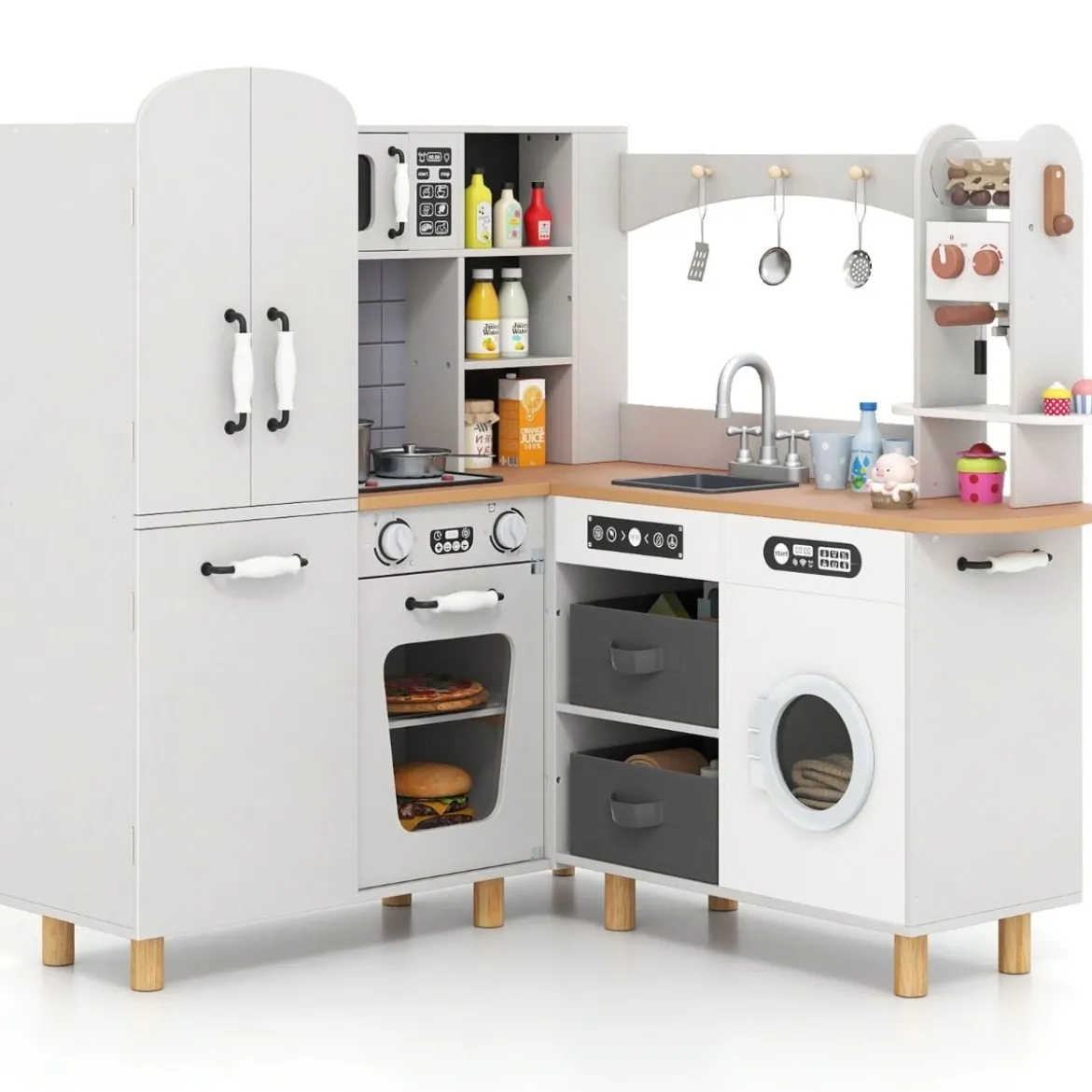 Kinder Eck Spielküche mit Doppeltür-Kühlschrank & Kaffeemaschine & Waschmaschine Holzküche Weiß