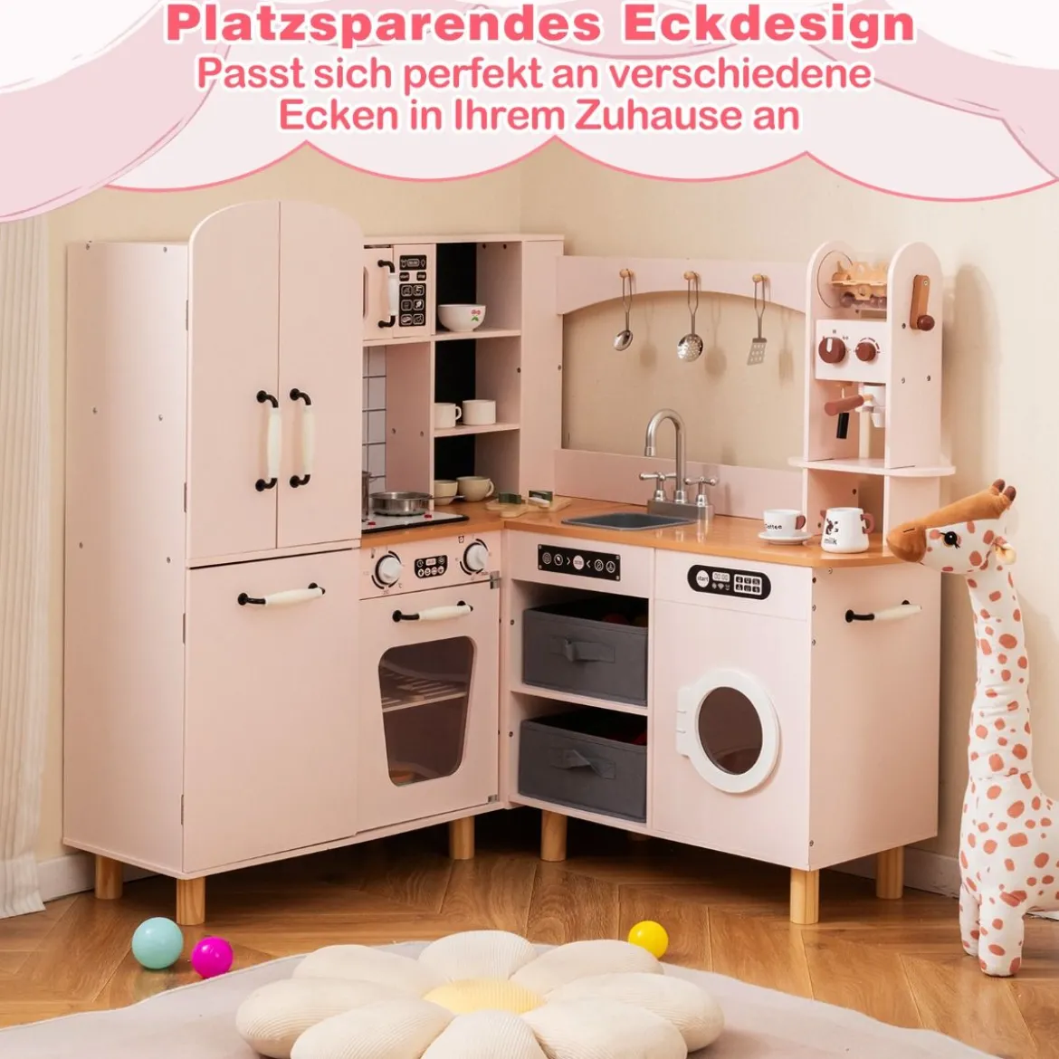 Kinder Eck Spielküche mit Doppeltür-Kühlschrank & Kaffeemaschine & Waschmaschine Holzküche Rosa