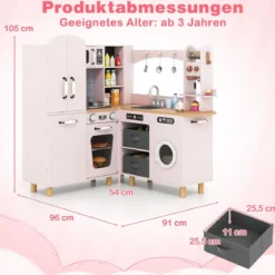 Kinder Eck Spielküche mit Doppeltür-Kühlschrank & Kaffeemaschine & Waschmaschine Holzküche Rosa