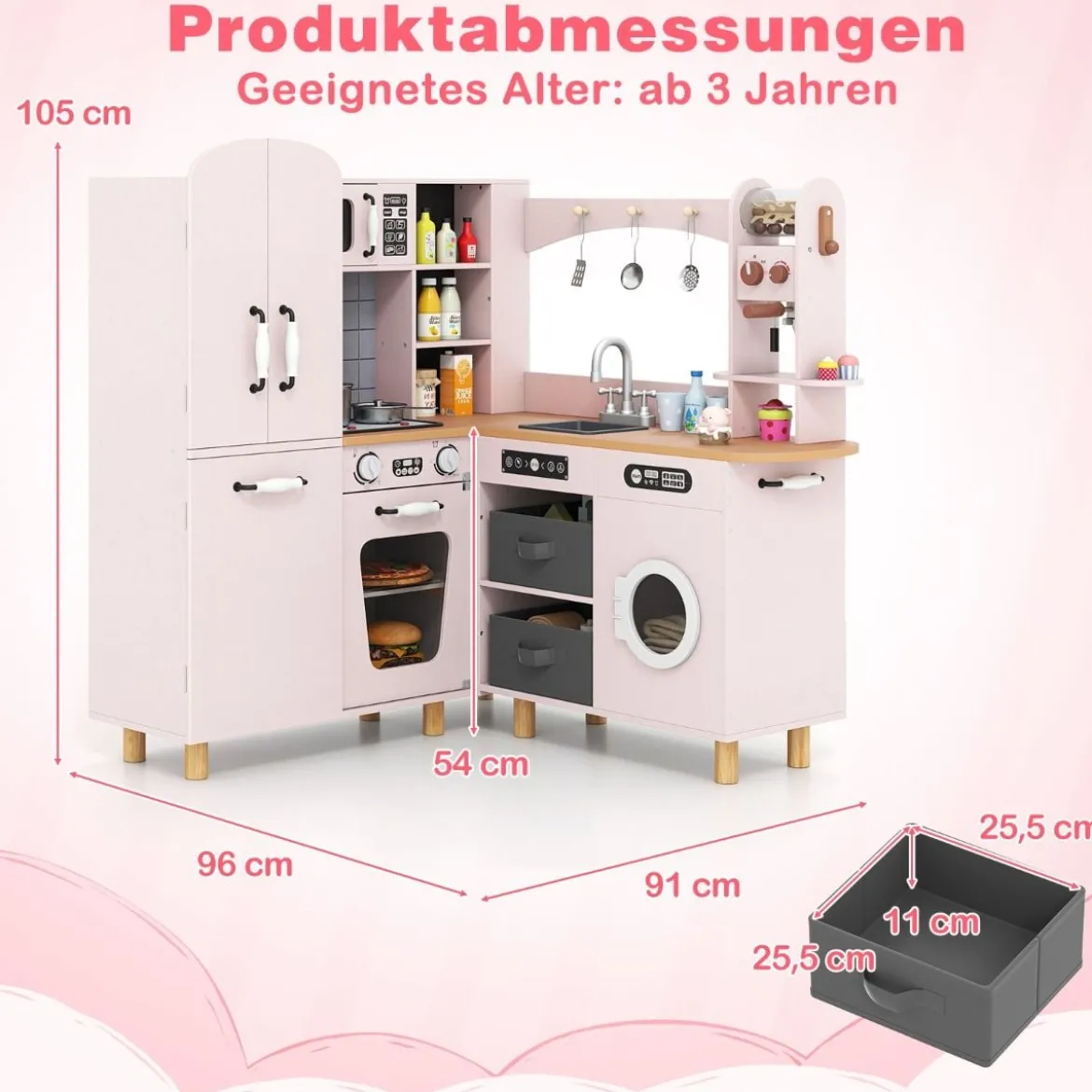 Kinder Eck Spielküche mit Doppeltür-Kühlschrank & Kaffeemaschine & Waschmaschine Holzküche Rosa