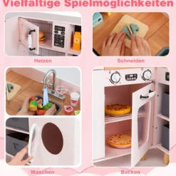 Kinder Eck Spielküche mit Doppeltür-Kühlschrank & Kaffeemaschine & Waschmaschine Holzküche Rosa