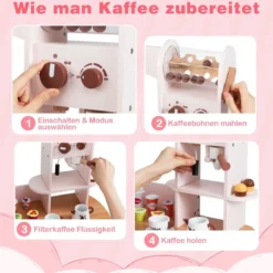 Kinder Eck Spielküche mit Doppeltür-Kühlschrank & Kaffeemaschine & Waschmaschine Holzküche Rosa