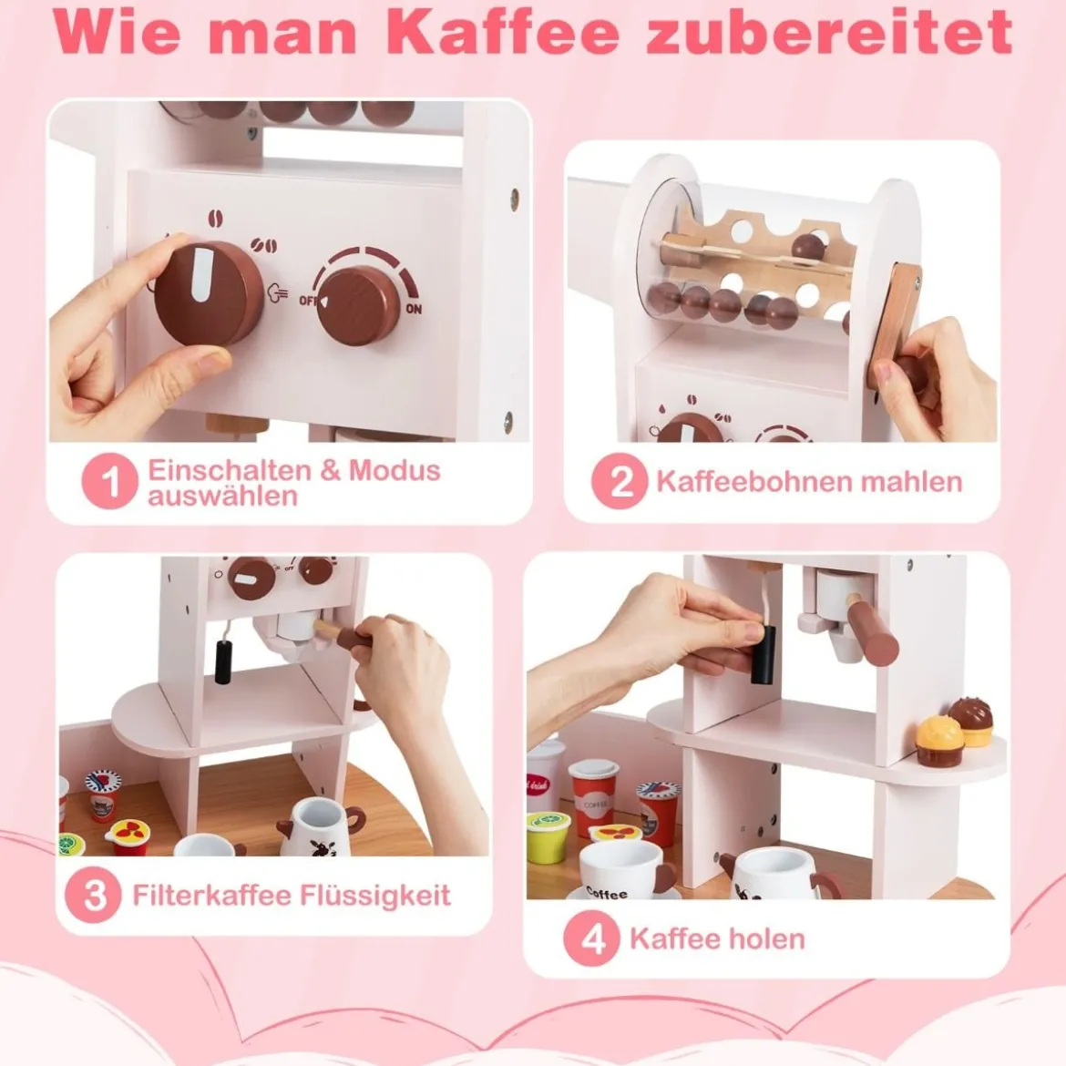 Kinder Eck Spielküche mit Doppeltür-Kühlschrank & Kaffeemaschine & Waschmaschine Holzküche Rosa