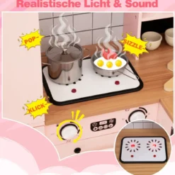 Kinder Eck Spielküche mit Doppeltür-Kühlschrank & Kaffeemaschine & Waschmaschine Holzküche Rosa