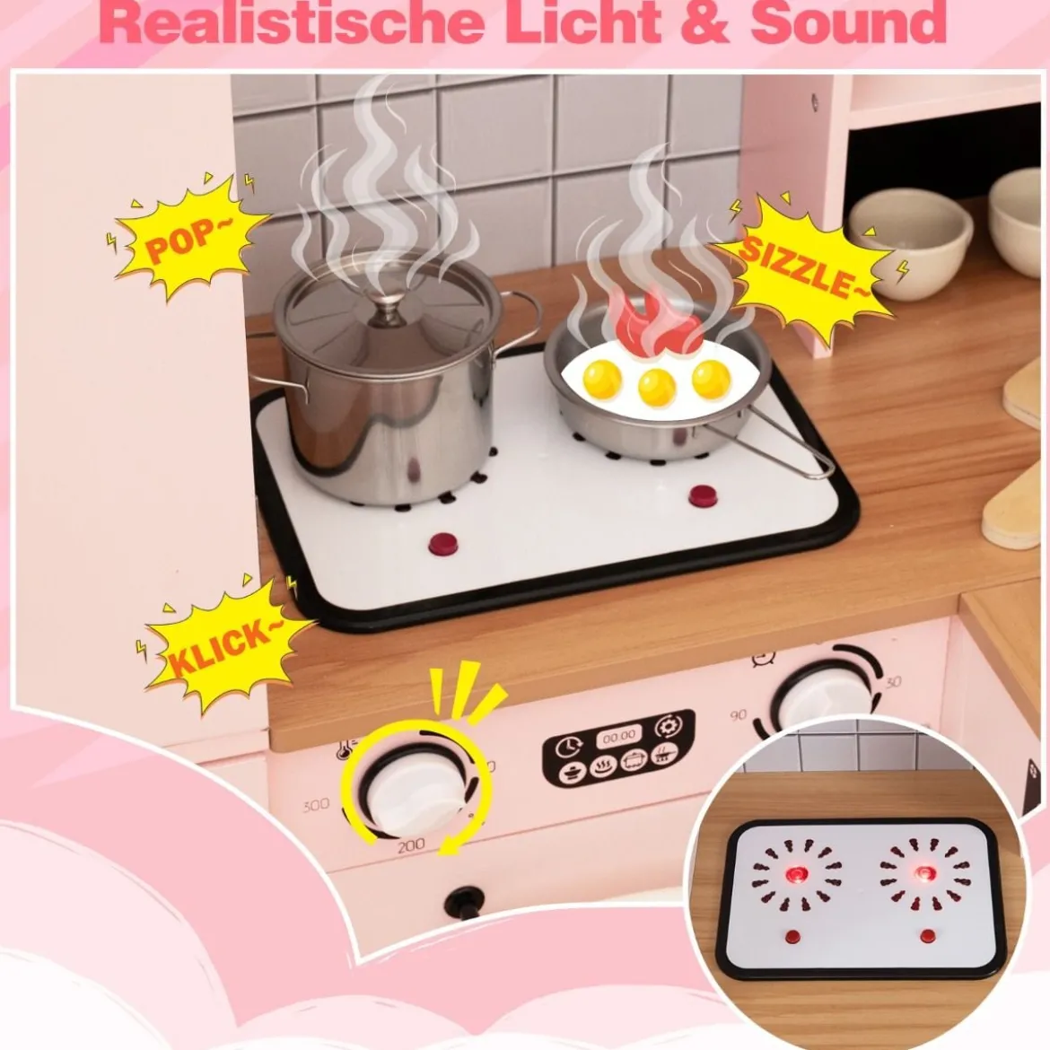 Kinder Eck Spielküche mit Doppeltür-Kühlschrank & Kaffeemaschine & Waschmaschine Holzküche Rosa