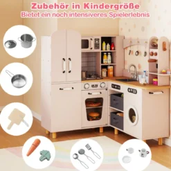 Kinder Eck Spielküche mit Doppeltür-Kühlschrank & Kaffeemaschine & Waschmaschine Holzküche Rosa