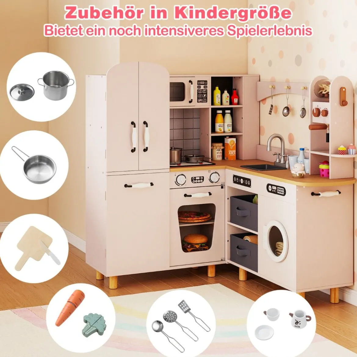 Kinder Eck Spielküche mit Doppeltür-Kühlschrank & Kaffeemaschine & Waschmaschine Holzküche Rosa