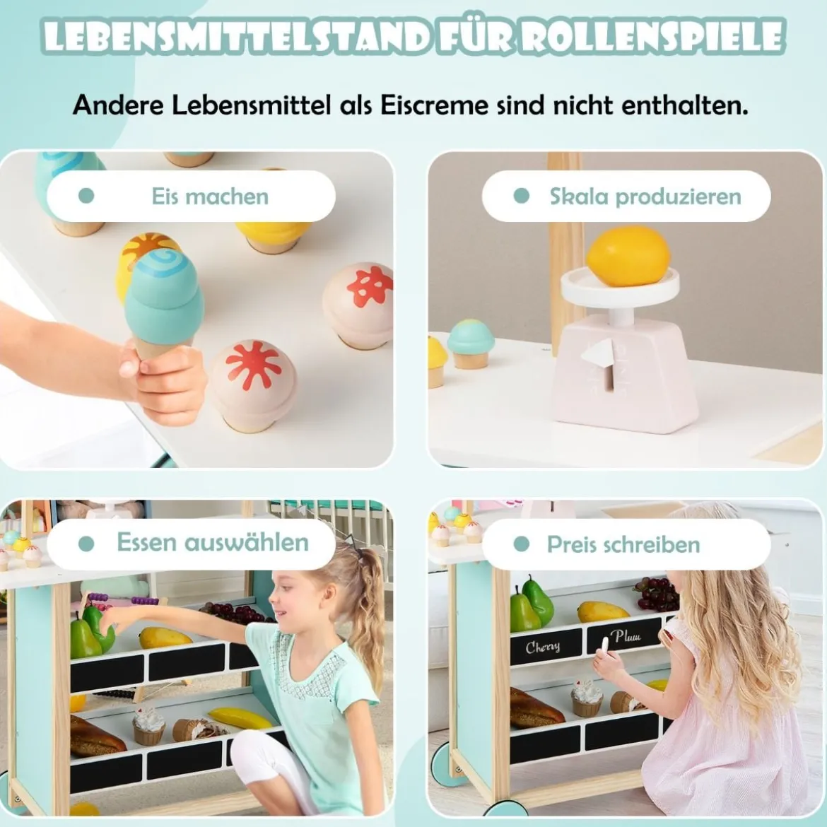 Kindereiswagen Eiswagen aus Holz für Kinder mit Lebensmittelregalen Spielzeuggeschäft für Kleinkinder