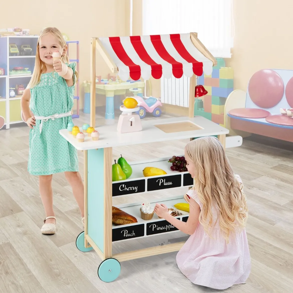 Kindereiswagen Eiswagen aus Holz für Kinder mit Lebensmittelregalen Spielzeuggeschäft für Kleinkinder