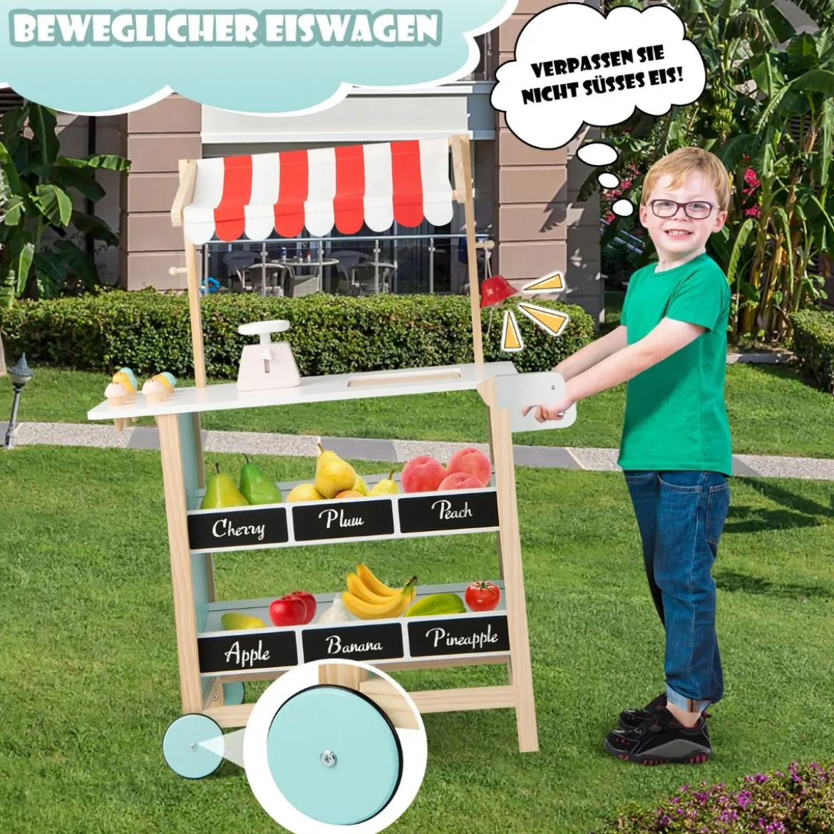 Kindereiswagen Eiswagen aus Holz für Kinder mit Lebensmittelregalen Spielzeuggeschäft für Kleinkinder