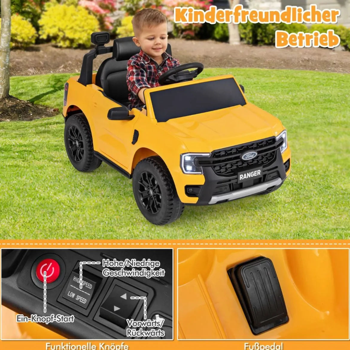 Kinder Elektroauto Ford 12V Kinderauto Elektro mit Fernbedienung & Ablagekorb & USB & Musik Gelb