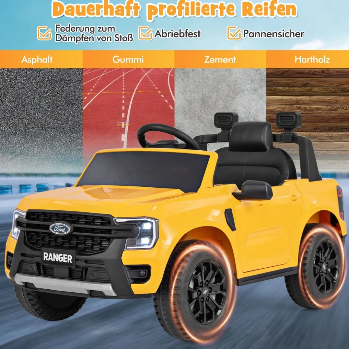 Kinder Elektroauto Ford 12V Kinderauto Elektro mit Fernbedienung & Ablagekorb & USB & Musik Gelb