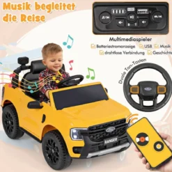 Kinder Elektroauto Ford 12V Kinderauto Elektro mit Fernbedienung & Ablagekorb & USB & Musik Gelb