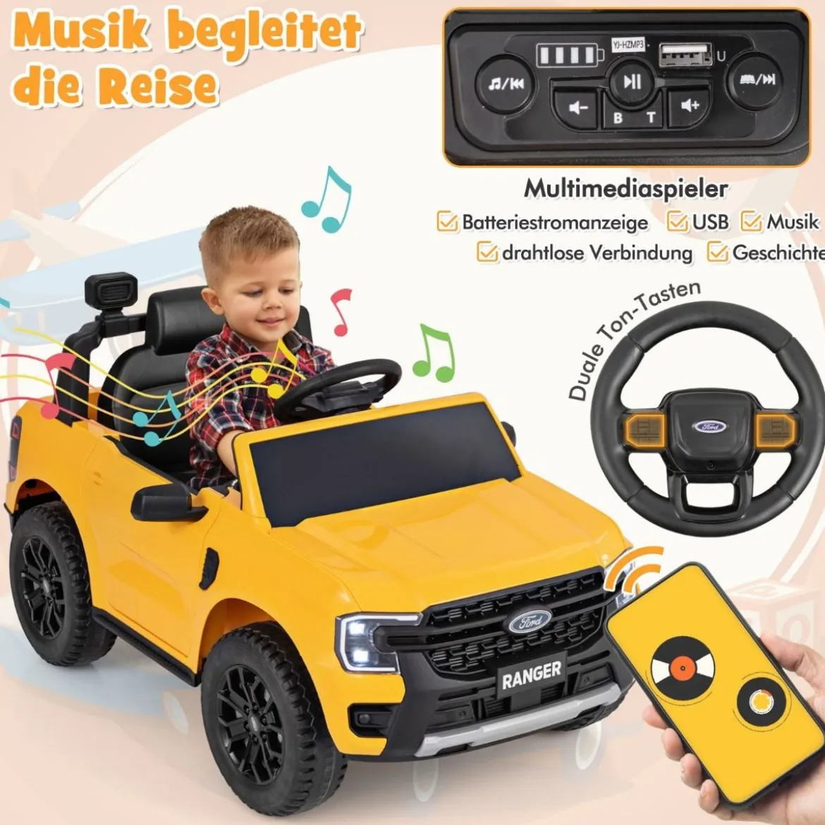 Kinder Elektroauto Ford 12V Kinderauto Elektro mit Fernbedienung & Ablagekorb & USB & Musik Gelb