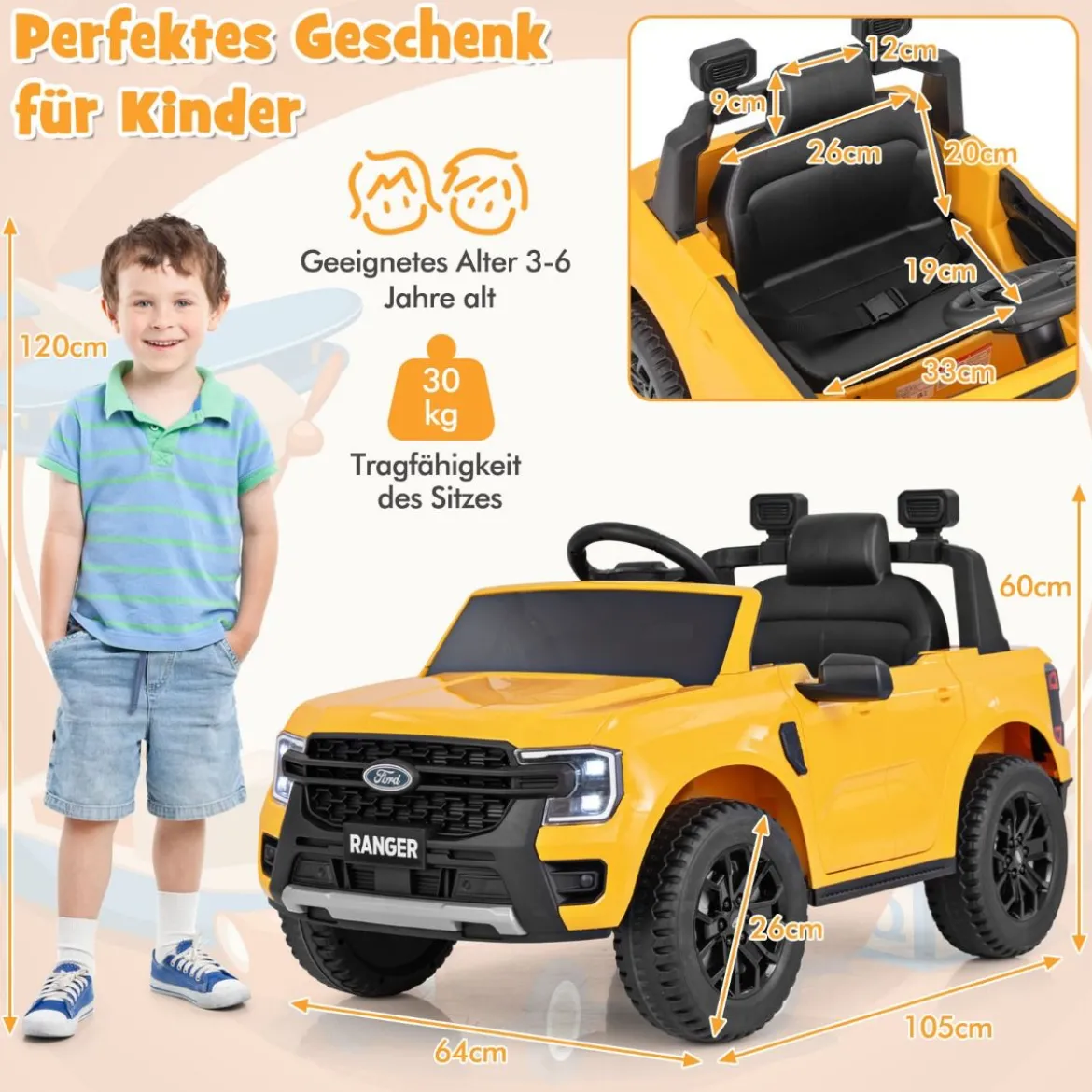 Kinder Elektroauto Ford 12V Kinderauto Elektro mit Fernbedienung & Ablagekorb & USB & Musik Gelb