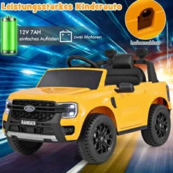 Kinder Elektroauto Ford 12V Kinderauto Elektro mit Fernbedienung & Ablagekorb & USB & Musik Gelb