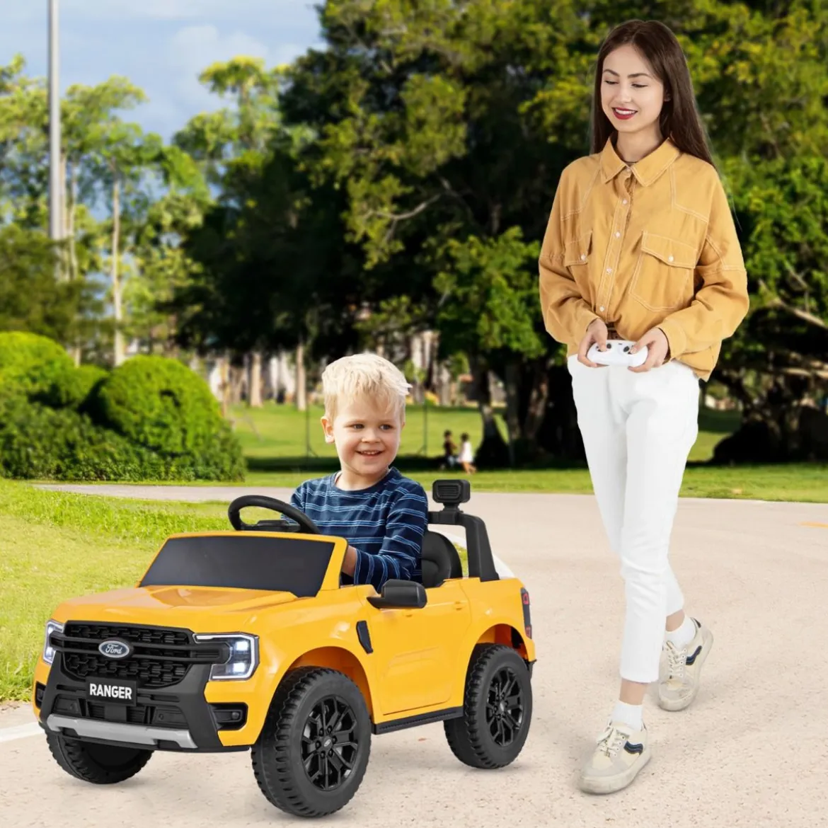 Kinder Elektroauto Ford 12V Kinderauto Elektro mit Fernbedienung & Ablagekorb & USB & Musik Gelb
